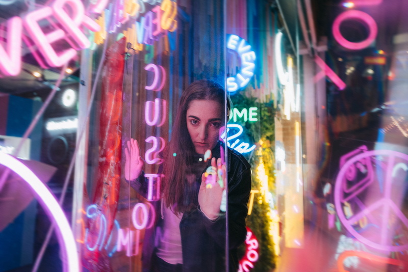 pink, beautiful woman, illuminated, neon, one person, girl, communication, love, portrait, retro, vintage, waist up, tumblr, city, aesthetic, near, teenager
