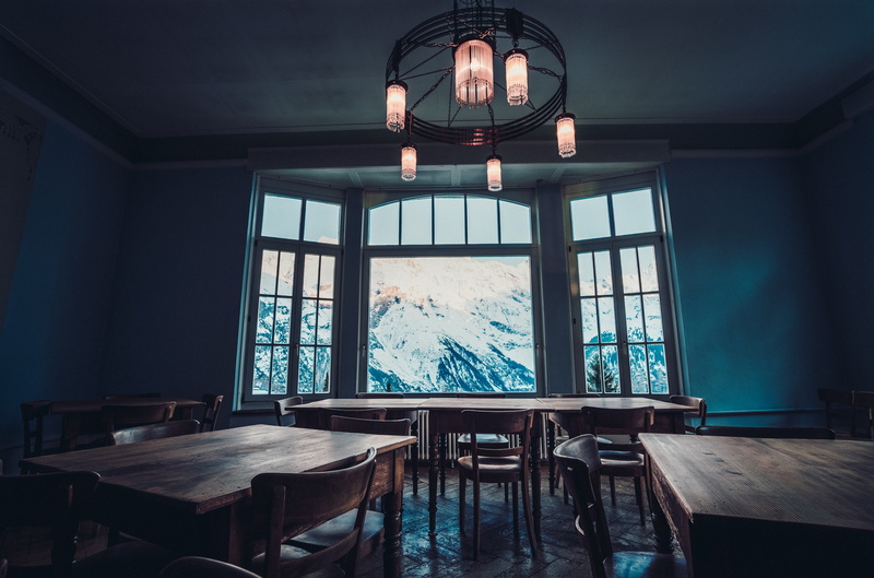 window, table, snowy peak, mountains, 5K