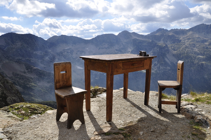 idyllic, beauty in nature, day, scenics - nature, chairs, table, wood - material, outdoors, environment, cloud - sky, mountain peak, excursion, water, sunlight