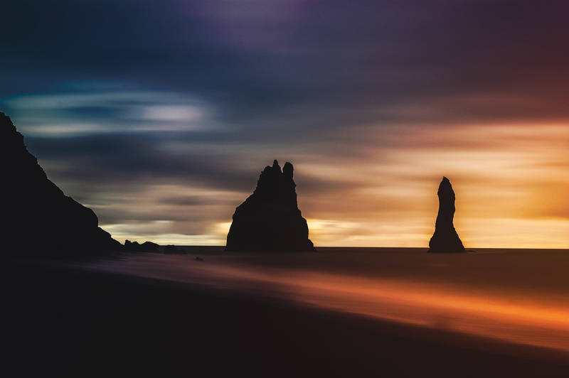water, hd backgrounds, cool backgrounds, sunset, silhouette, orange color, cloud - sky, red sky, hour, no people, vik, iceland, tranquil scene, beach, 2K