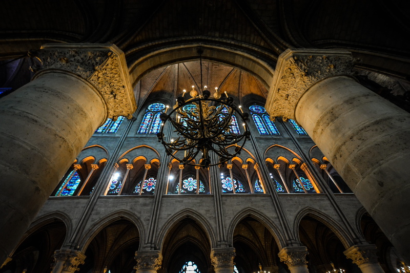 indoors, landmark, windows, notre dame, arch, ceiling, chandelier, architecture, art, columns, low angle view, travel, place of worship, architecture and art