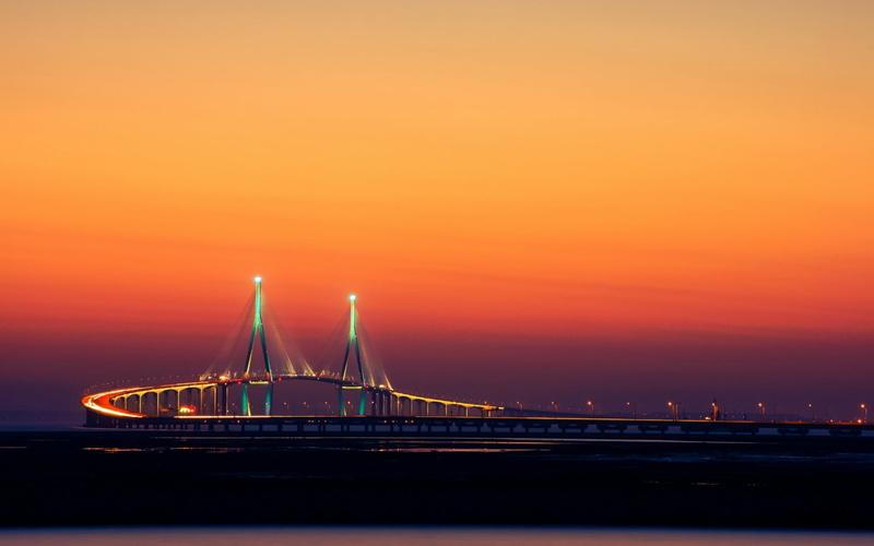 sky, suspension bridge, sunset, 1080P, bridge, building exterior, gray, Cityscapes, no people, office building exterior, korea, travel destinations, water