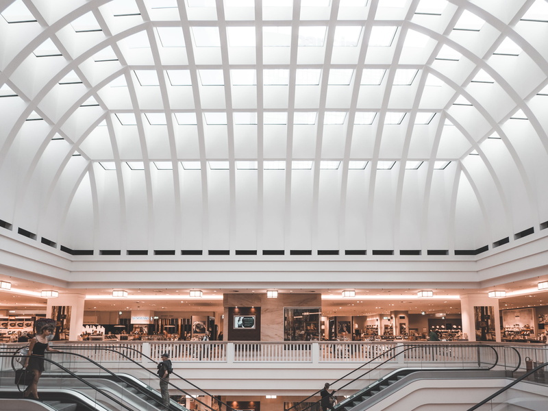 mall, people, illuminated, modern, white, incidental people, architecture, building, skylight, ceiling, indoors, inside, built structure, scalator, design
