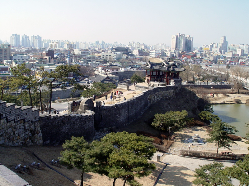 Hwaseong Fortress, architecture, korea, outdoors, 2K, building exterior, day, travel destinations, water, fortress, hwaseong, cityscape, high angle view