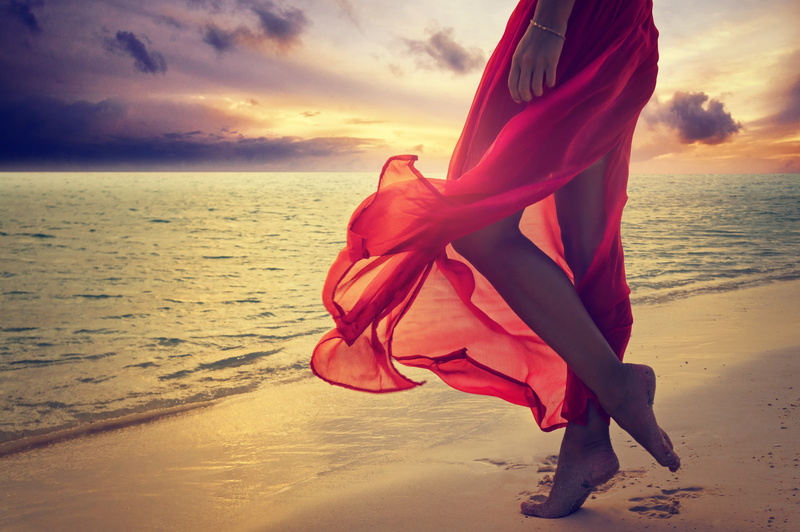 women, sea, Feet, Soles, summer, nature, sunset, beach, 4K, red Dress, legs