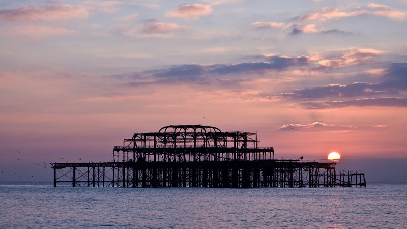 water, architecture, sunset, beauty in nature, sky, cloud - sky, built structure, building exterior, cloud, 4K, beach, brighton, tranquility, horizon