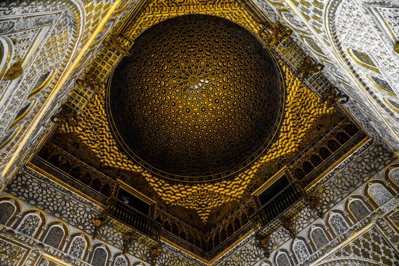belief, place of worship, catedral de sevilla, alcázar of seville, spain, indoors, ceiling, catedral, religion, craft, 5K, gold colored, roof, palae, no people