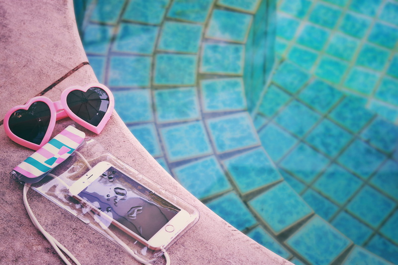 flooring, sunglasses, iPhone 6, technology, silver, personal accessory, eyewear, swimming pool, outdoors, still life, summer, 1080P, iphone, fashion, focus on foreground