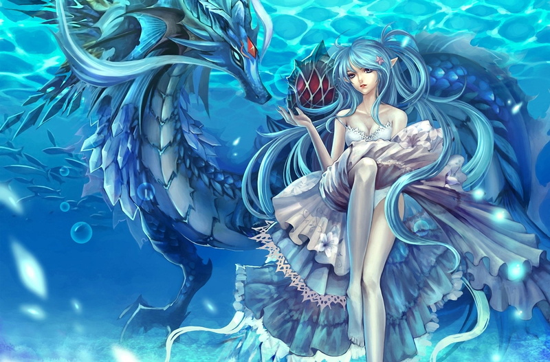 fashion, Blue Hair, human representation, character, nature, beauty, swimming pool, Original (Anime), illustration, water, one person, sea, animal wildlife