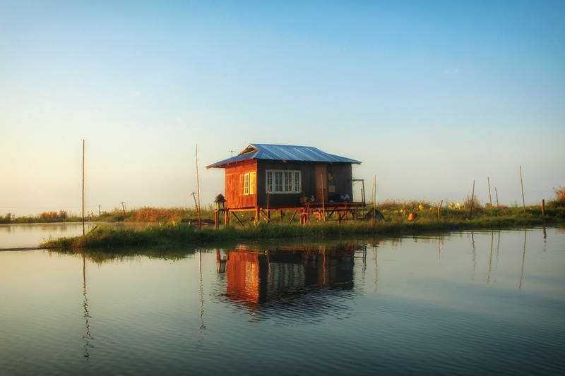 built structure, beauty in nature, lake, outdoors, home, tranquility, water, myanmar, reflections, inle lake, sky, clear sky, lakeside, day, waterfront