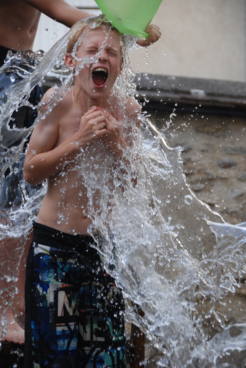 4K, frozen water, boy, wet, ice bucket, shirtless, motion, enjoyment, splashing, outdoors, lifestyles, heatwave, bucket, mouth open, real people, nature