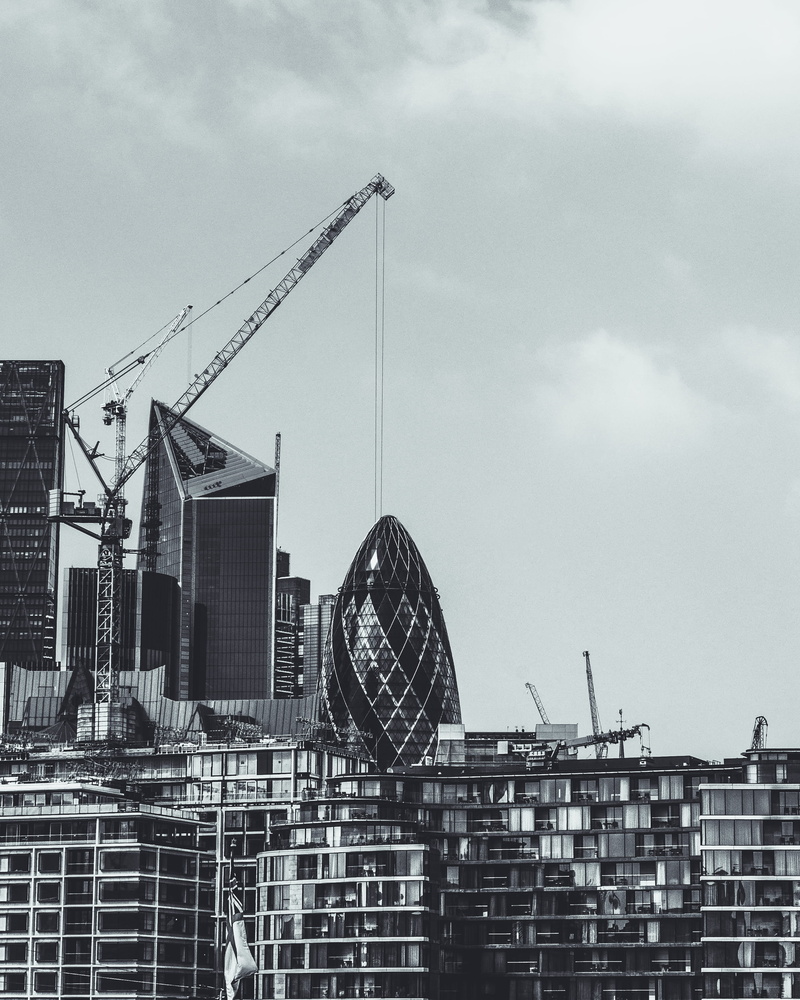 cloud - sky, the gerkhin, day, mary, cloudy, constriction crane, office building exterior, construction site, low angle view, built structure, near, construction equipment