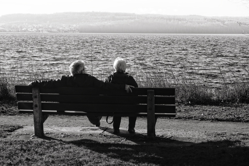 bench, couple - relationship, men, black and white photography, outdoors, sitting, human, lake, spa, day, looking at view, relaxation, park bench, water