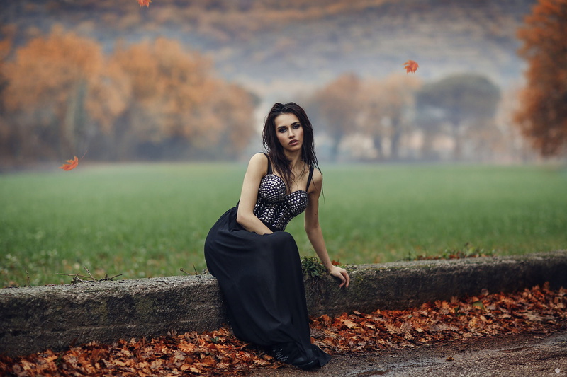 dark hair, Alessandro Di Cicco, 1080P, black clothing, silver, women outdoors, grass, wet, dress, brunette, fall, women, leaves, long hair