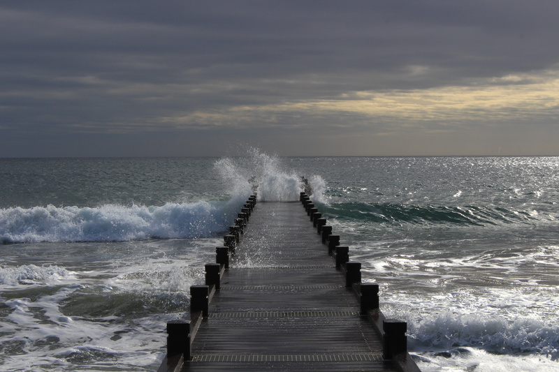 scenics, pier, scenics - nature, nature, water, outdoors, power in nature, scum, sea, cloud, sport, white, storm, surf, breaking, cloud - sky, wooden, horizon over water