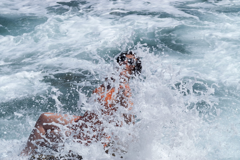 day, motion, sea, nature, high angle view, leisure activity, splashing, aquatic sport, 2K, swimming, wave, water, sport, rock, lifestyles, scum, real people