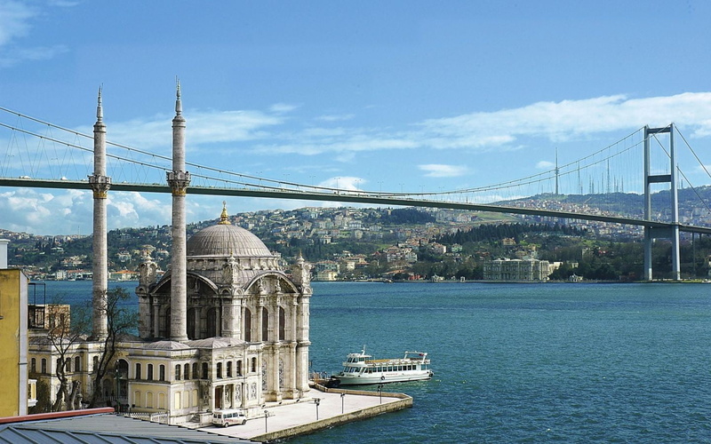 city, cityscape, concrete, boat, place of worship, white, transportation, building exterior, water, bridge - man made structure, building, 720P, no people