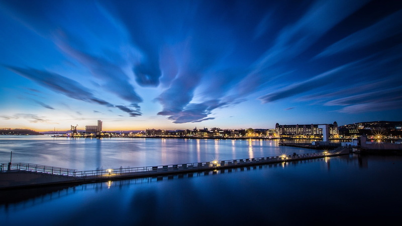 power in nature, travel destinations, Oslo, architecture, cityscape, waterfront, dusk, long exposure, skyscraper, reflection, river, night, cloud - sky