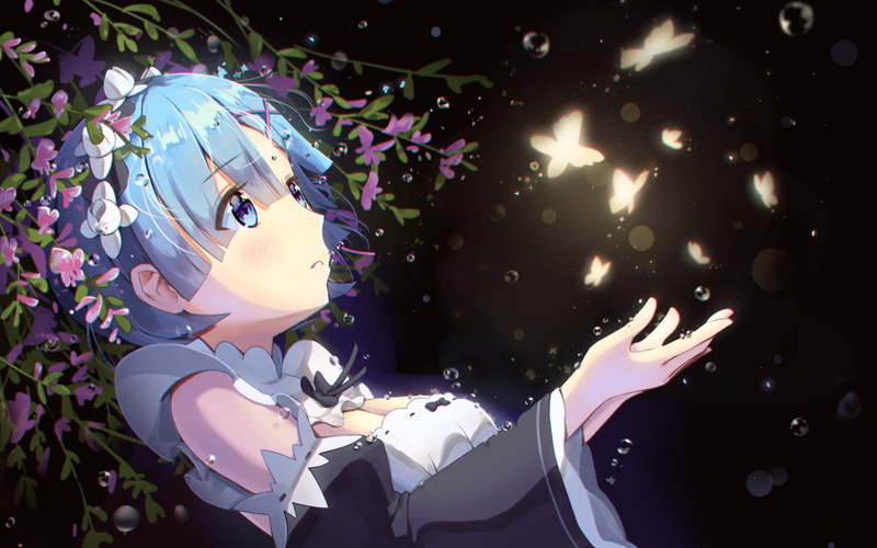 butterflies, Anime, 1080P, re: zero, falling, flowers, water drops, rem, down
