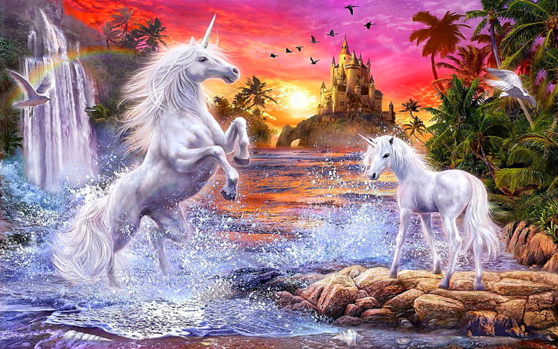 unicorns, falls, 1080P, birds, palm, castle, sunset, fantasy, hd, river, flowers
