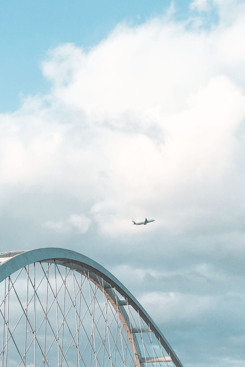 sky, transportation, airplane, low angle view, seagull, flying, bird, taipei, second macarthur bridge, urban, one animal, cloudy, animal wildlife, built structure