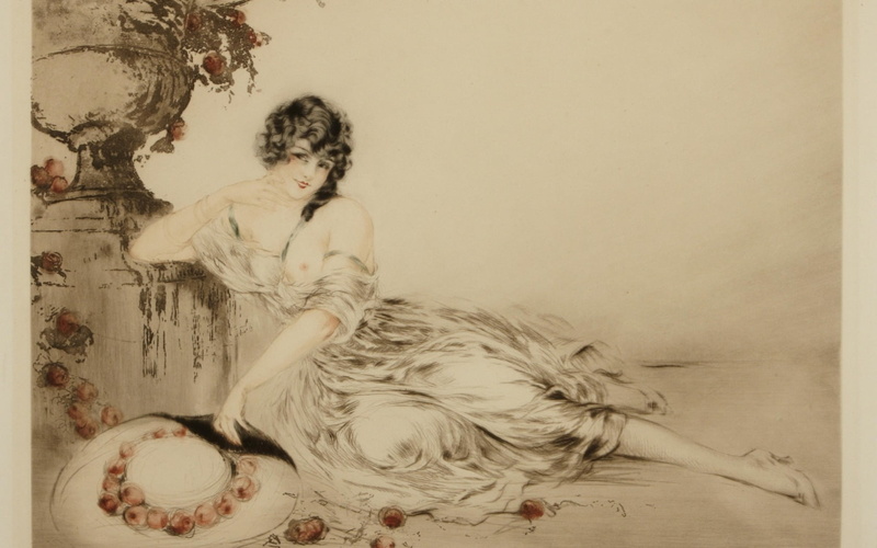 young adult, full length, contemplation, girl, beautiful woman, woman, adult, portrait, hair, women, urn, louis icart, textured effect, Near the urn, one person