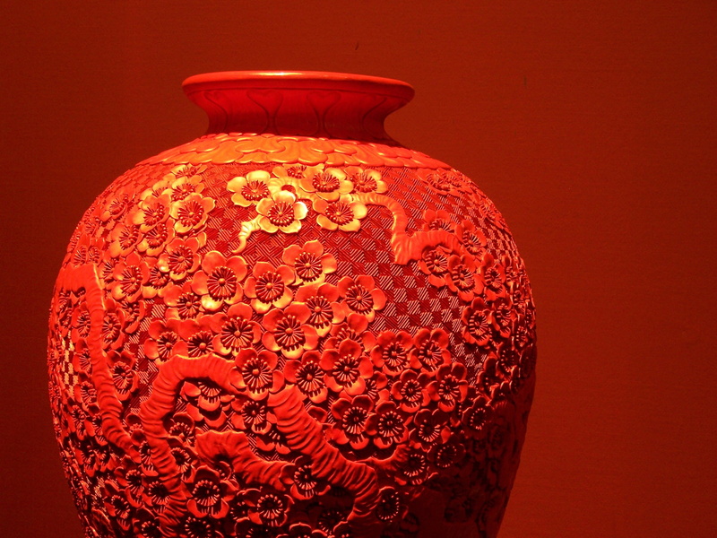 decoration, cherry blossom, artwork, ancient civilization, indoors, decorative urn, vase, ornament, orange color, flower, pottery, ceramics, lacquerware