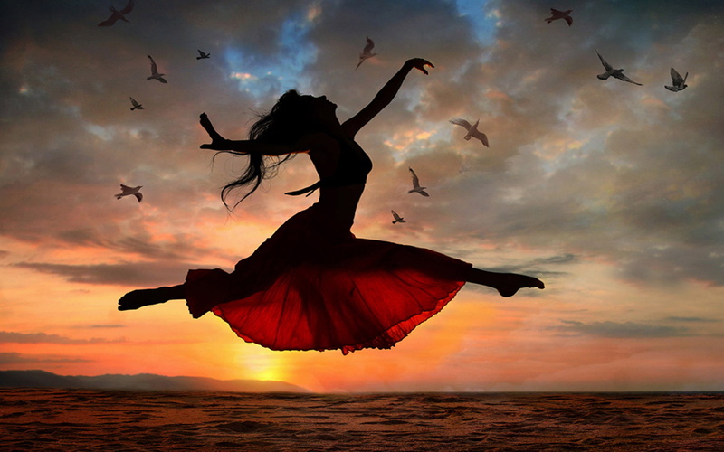sea, gulls, girl, sunset, hd, 1080P, dancing