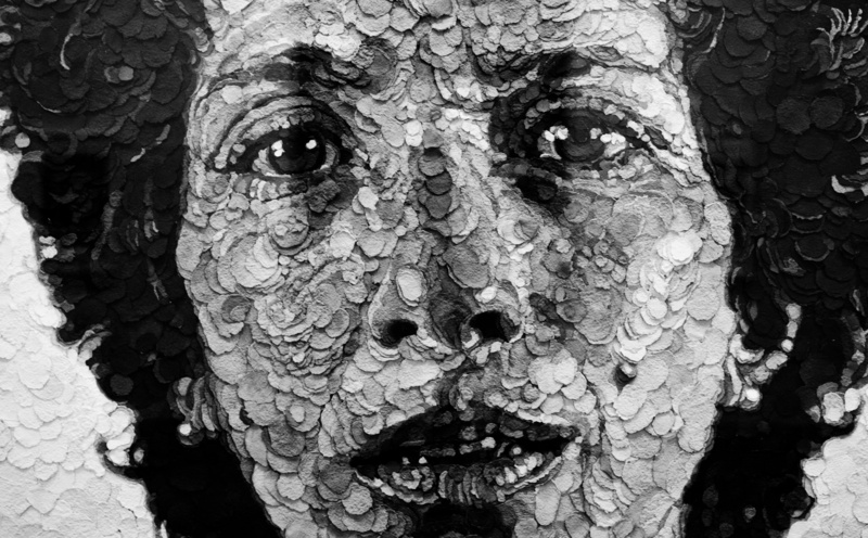 5K, human face, chuck close, eye, creativity, body part, tree trunk, trunk, human body part, face, one person, looking at camera, textured, Black and White