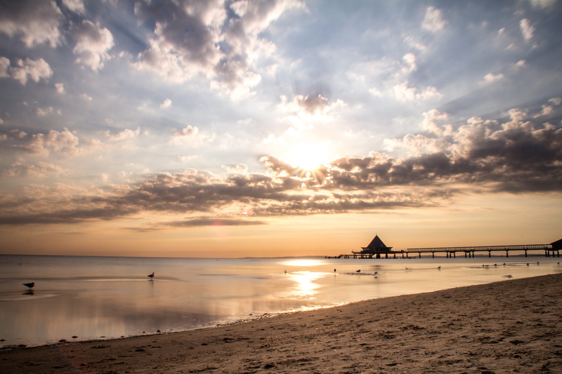 twilight, cloud - sky, sand, no people, baltic sea coast, beach, kaiser baths, gulls, holiday, seashore, blue, western pomerania, bridge, gold, outdoors