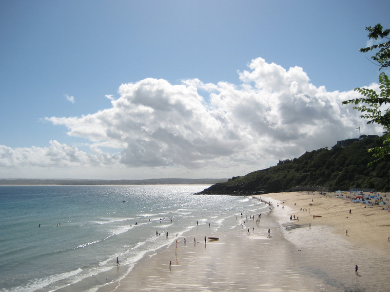 sand, carbis bay beach, blue, no people, view, scenics - nature, britain, places, cornish, coastline, sky cliffs, coast, country, sea, horizon, st ives