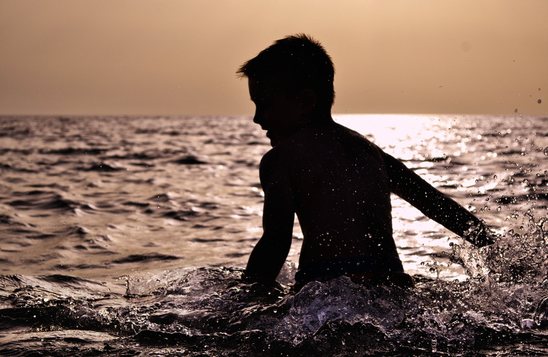swim, land, offspring, child, active, happy, men, sunset, boy, splashing around, toddler, swimming, 4K, fresh, water, summer, leisure activity, contemplation