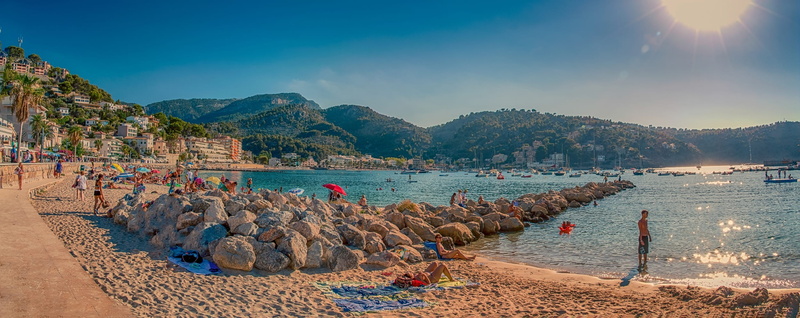 sea, sóller, daytime, sunset, architecture, promenade, 1080P, solid, scenics - nature, photo, scenics, seashore, beach panorama, port de soller, city