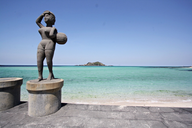beach, day, water, sky, sea, republic of korea, beauty in nature, nature, sculpture, stone statue, blue, summer sea, scenery, korea, clear sky, jeju hotels