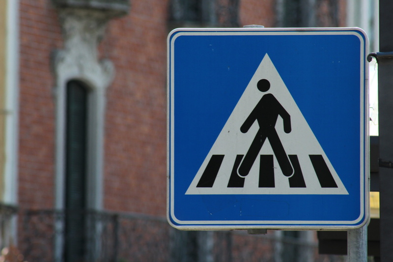 architecture, no people, symbol, pedestrian crossing sign, blue, crossing, street sign, guidance, communication, warning sign, focus on foreground, traffic