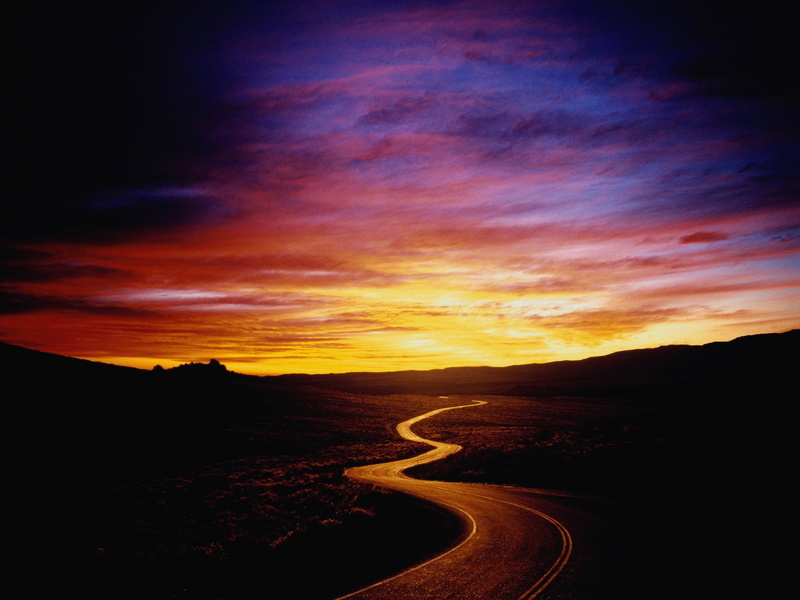 red, morning, road, cloud - Sky, rural Scene, sunrise - Dawn, transportation, yellow, silhouette, scenics - nature, desert, blue, horizon, curve, dawn