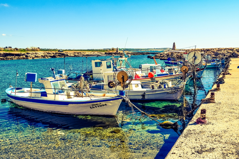 water, clear sky, sailboat, beach, fishing boat, ormidhia, outdoors, blue, mediterranean, cyprus, nautical vessel, port, moored, traditional, 5K, fishing industry