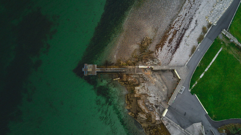 drone, dji, rocky, ocean, blackrock diving tower, built structure, rocks, diving, waterscape, water, galway, beach, land, agriculture, summer, no people