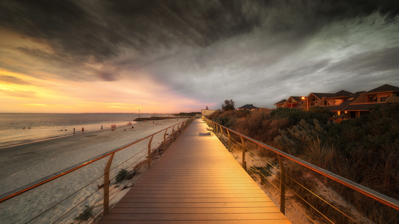 summer, close, seaside, sunset, waves, orange color, ocean, pier, beach, horizon over water, wood, boardwalk, photo, beauty in nature, australia, tourism