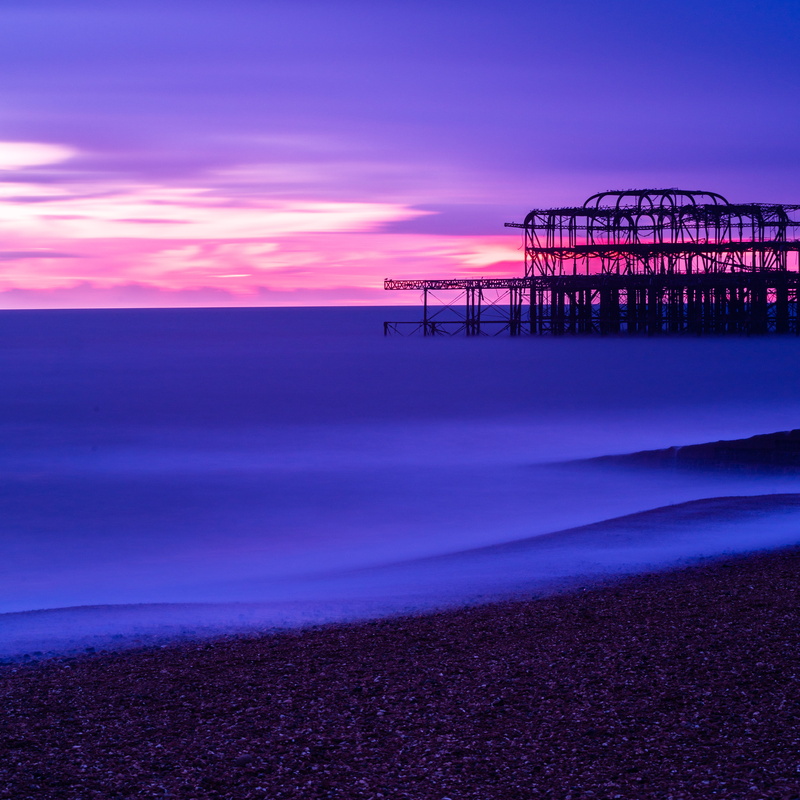 Brighton  England, sussex, decay, britain, west, seascape, lighting, coast, skeleton, sky, iron, burnt, shore, beach, water, photography, framework, nature