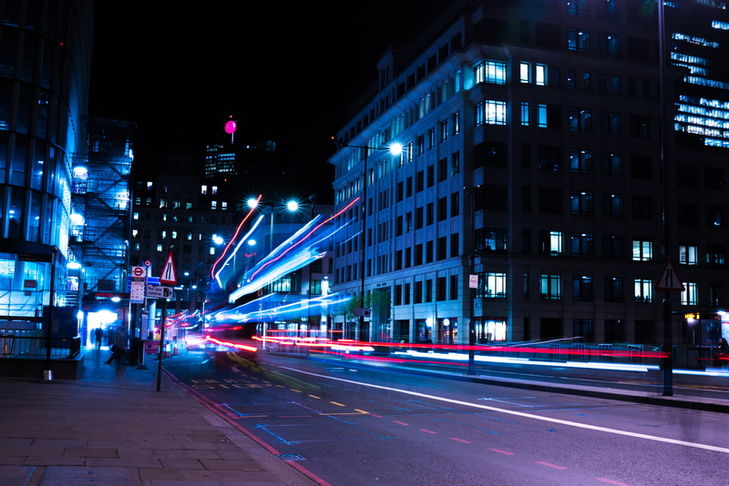transportation, lights, speed, city, street, building exterior, nightlife, mode of transportation, no people, trails, built structure, quiet, road, london