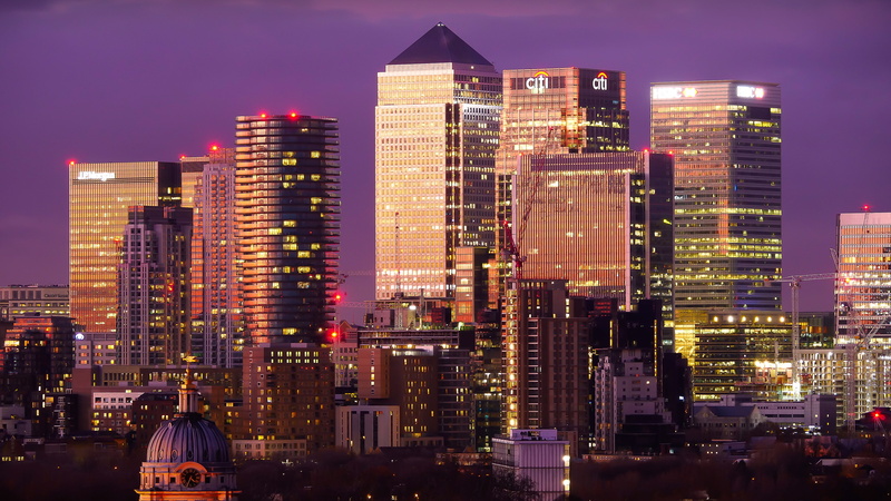 dusk, purple sky, city lights, cityscape, canary wharf, england, illuminated, outdoors, travel destinations, office building exterior, office, skyscraper