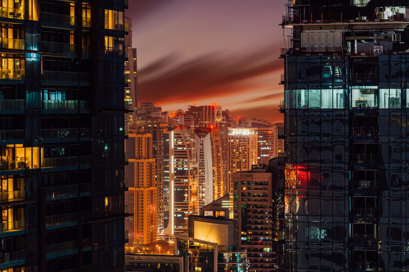 sunset, no people, golden hour, long exposure, architecture, modern, cloud - sky, evening, building, 5K, clouds, city lights, residential district, office building exterior