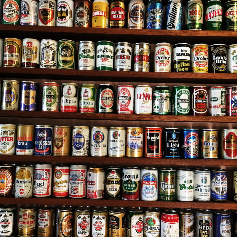 arrangement, beer, cans, drink, choice, drinks, bottle, container, side by side, in a row, shelf, indoors, abundance, consumerism, still life, no people