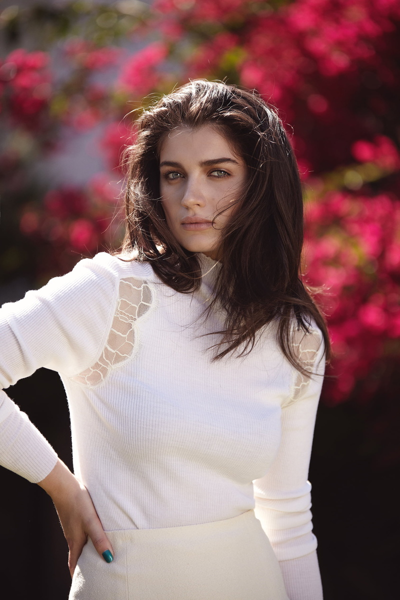 Eve Hewson, green eyes, women outdoors, 1080P, flowers, brunette, plants, actress, Irish, long hair, women, dark hair, depth of field