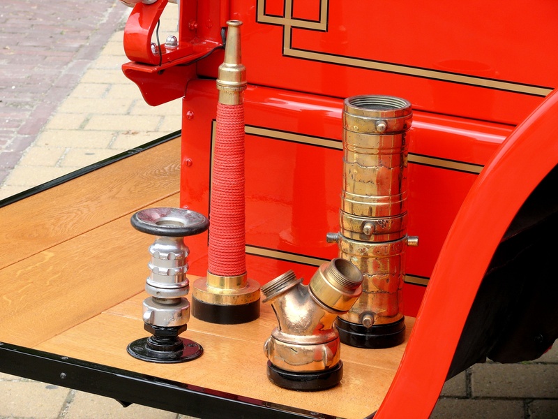 hose, fire department, high angle view, vehicle, red, 2K, fire extinguisher, day, old car, architecture, no people, outdoors, fire hydrant, classic car