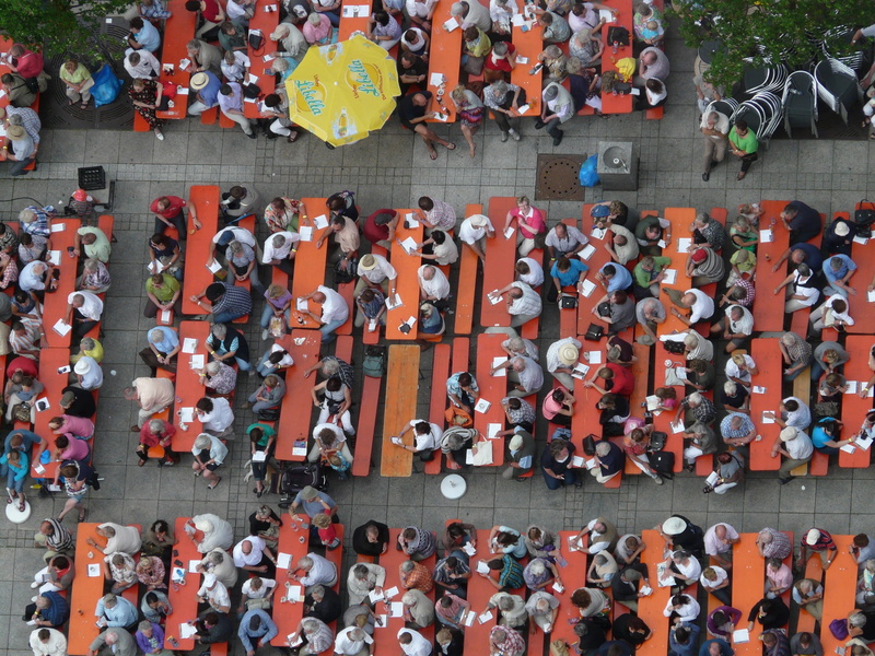 high angle view, red, bench, human, retail display, beer drinking, side by side, arrangement, outdoors, in a row, day, crowd, photography, bierbaenke, abundance