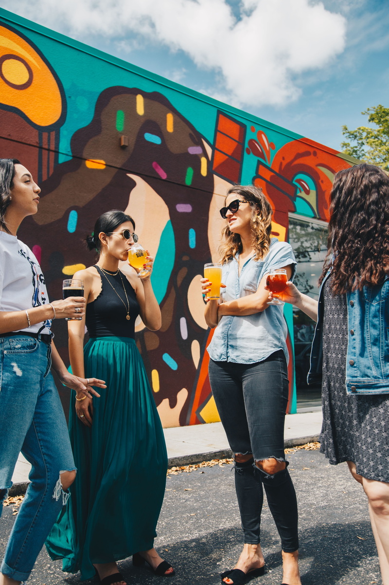 city, wall, friend, celebration, friendship, group Of People, street, drinking, four, females, city Life, standing, caucasian Ethnicity, party - Social Event
