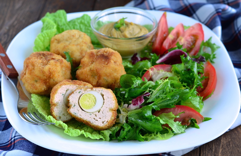 eggs, Scotch Eggs, meat, 2K, salad, food