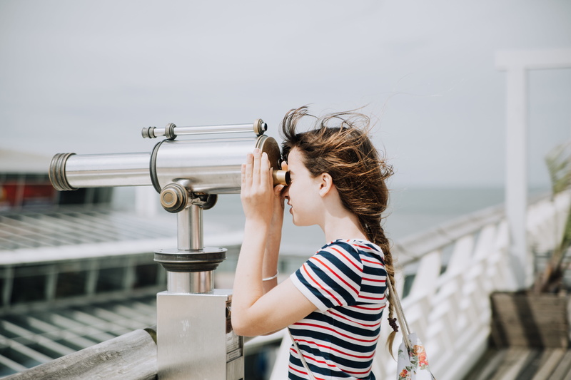 railing, viewpoint, young adult, woman, technology, people, striped, hair, hairstyle, caucasian Ethnicity, telescope, pier, holding, women, girl, adults only